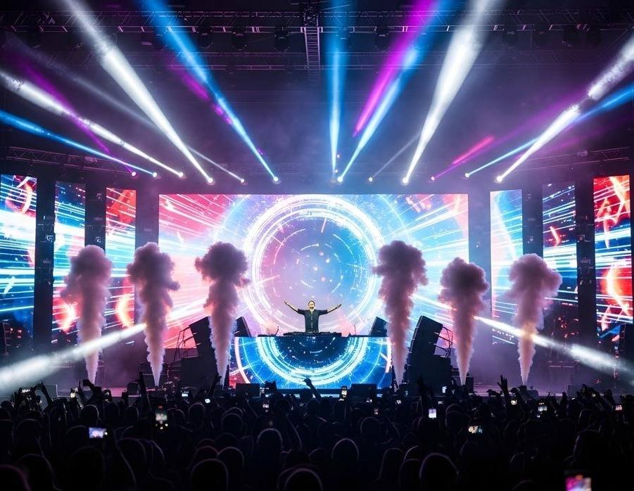Concert stage with a large LED wall and CO2 jets