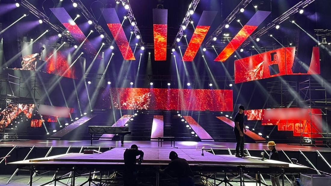 Concert stage with angled LED panels